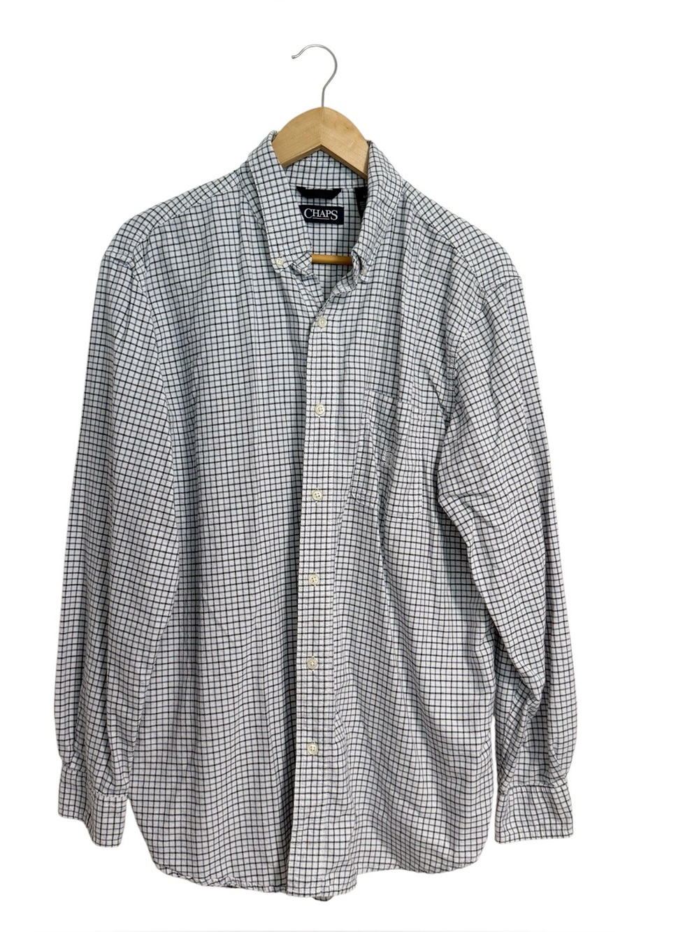 Chaps Oasis Oxford Windowpane Plaid Check Shirt Navy Blue White Size Large